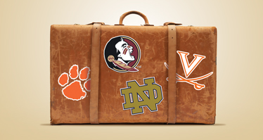 image of suitcase with various ACC school logos on it